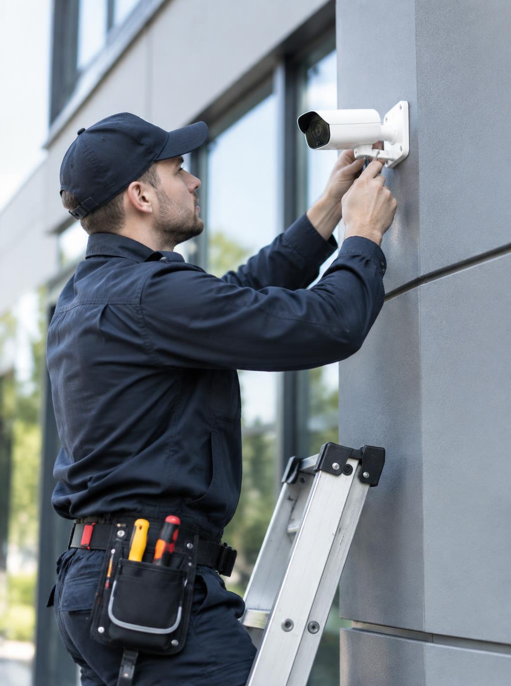 Técnico instalando câmera de segurança